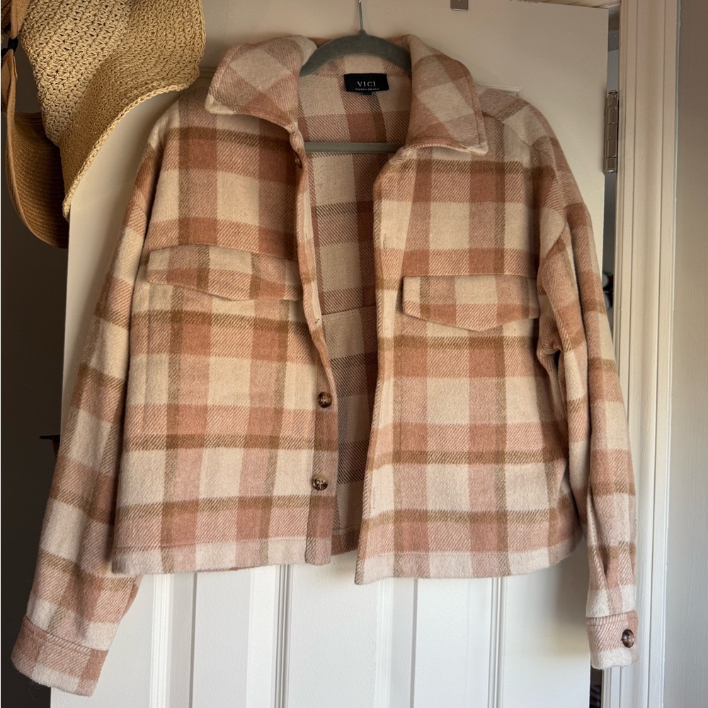 Vici Women's Checkered Utility Jacket - Pink and Cream
